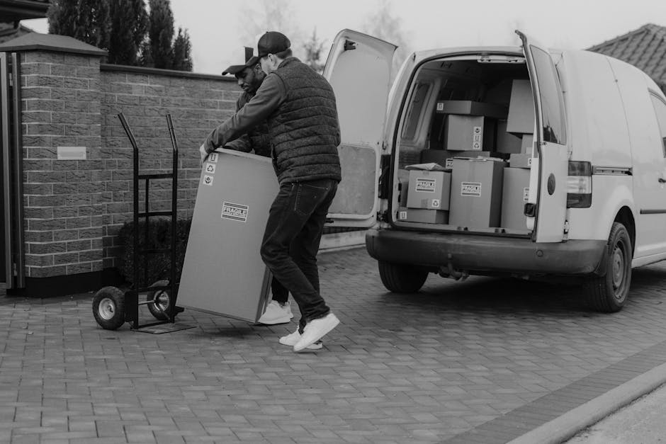 A man dressed in casual blue work clothing is seen loading a cardboard box into the back of a white commercial van parked on a cobblestone street in HAMPSTEAD. The van, which is open at the rear with 